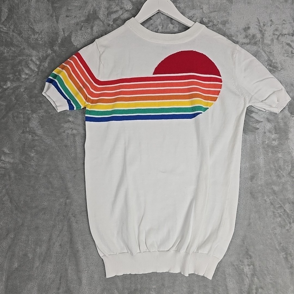 Oxknit Colors for Sunrise Knit Fitted Sweater Women's Large White Rainbow Retro